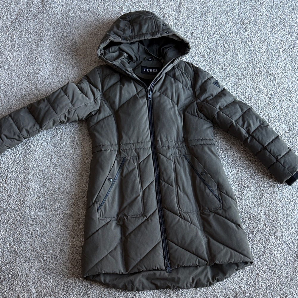 Large GUESS Women's Hooded Puffer Jacket - Dark Green/Olive